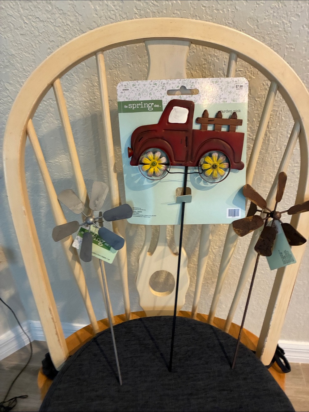 Red Vintage Truck Garden Stake with 2 windmill garden stakes.